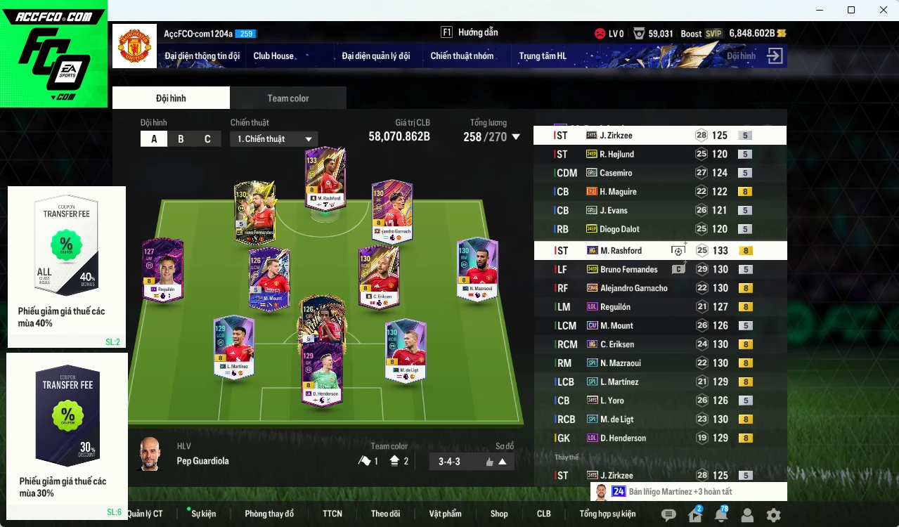 Man Utd. 58.070b dư 6800b có Rashford HG, Bruno 24EP, Mazraoui SPL, Garnacho 23NG, Zirkzee TS24, Eriksen HG, Yoro TS24, Maguire E21, Casemiro GRU, De Ligt SPL...